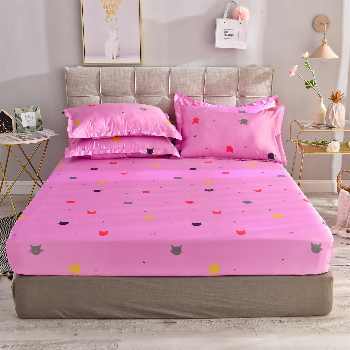 91家纺网 家纺一手货源 找家纺 经年 2026新款印花丝绸冰丝四件套 喵星人