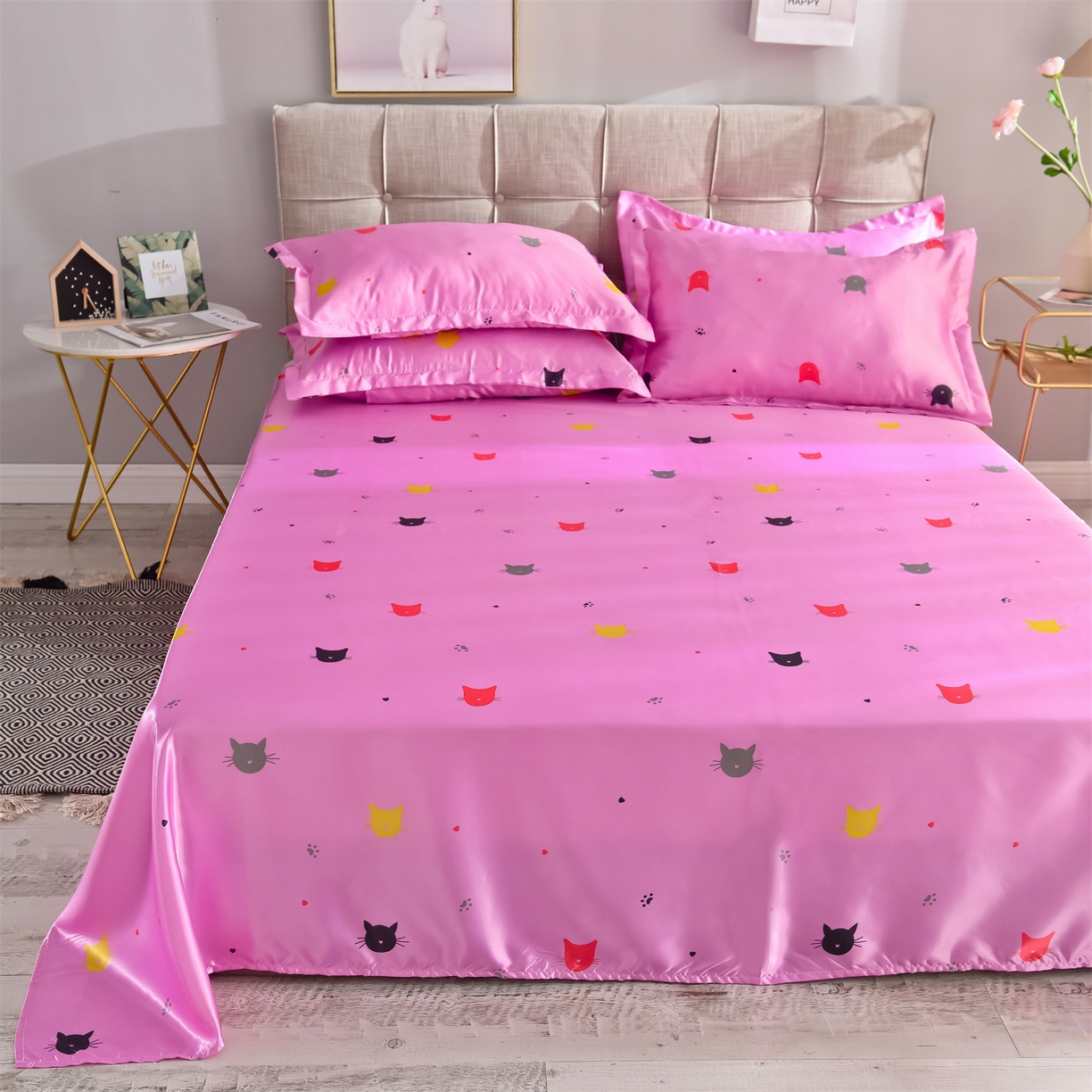 91家纺网 家纺一手货源 找家纺 经年 2026新款印花丝绸冰丝四件套 喵星人