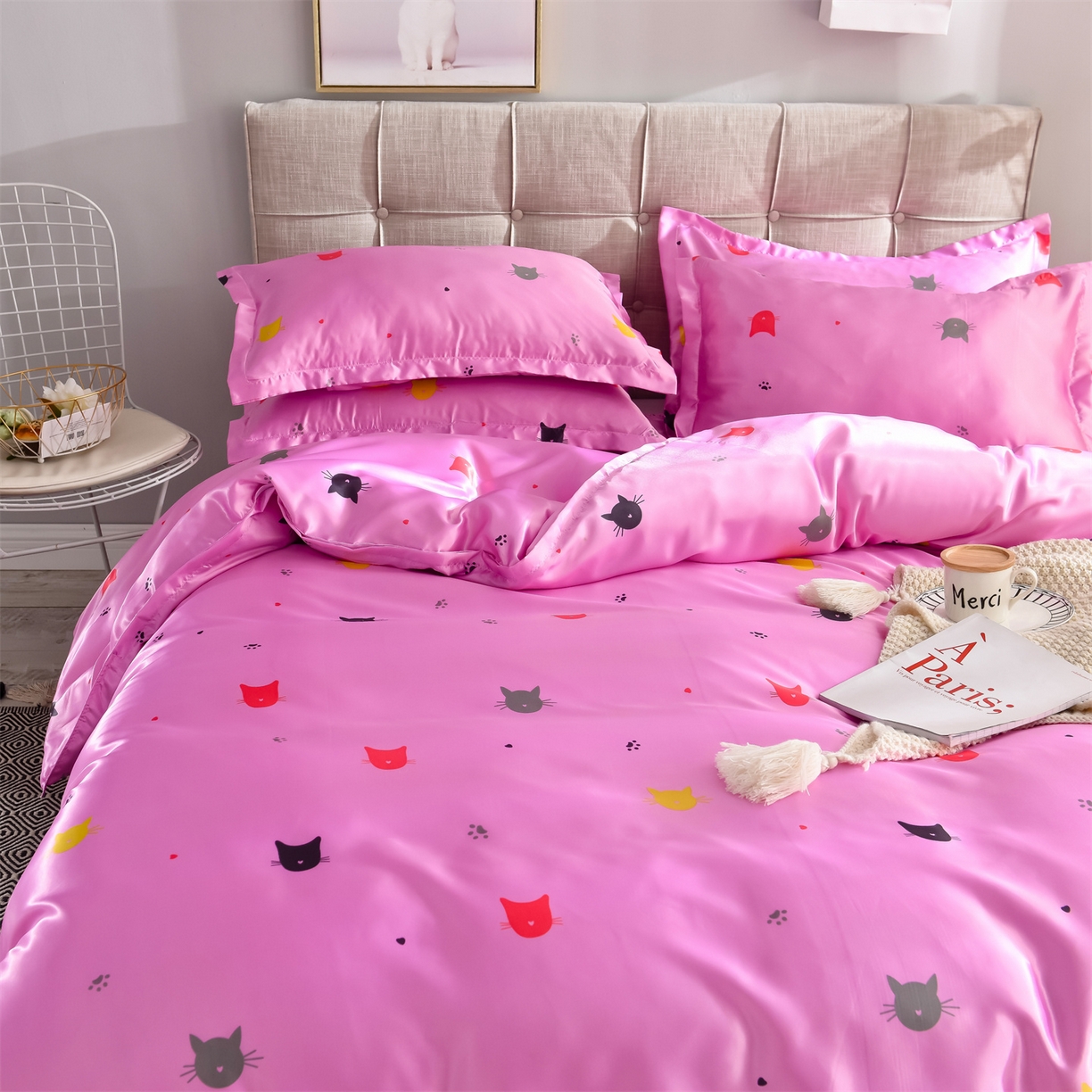 91家纺网 家纺一手货源 找家纺 经年 2026新款印花丝绸冰丝四件套 喵星人