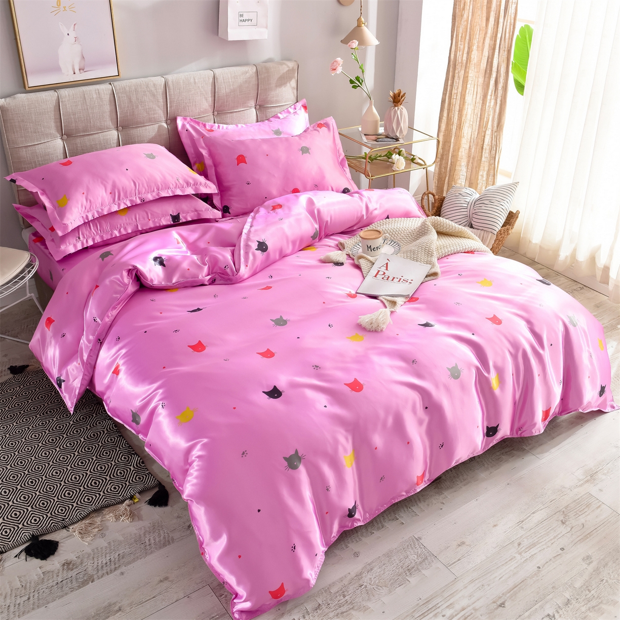 91家纺网 家纺一手货源 找家纺 经年 2026新款印花丝绸冰丝四件套 喵星人