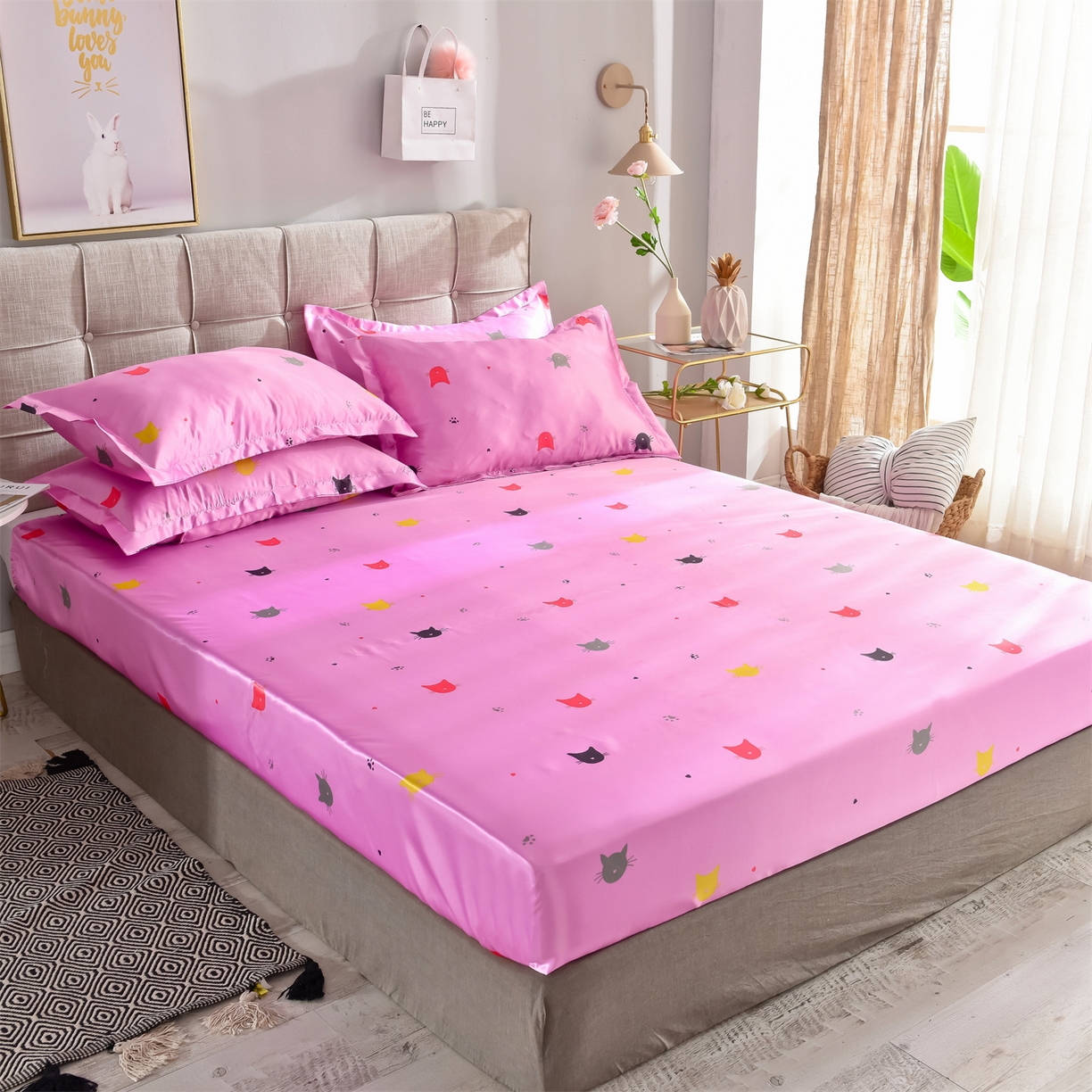 91家纺网 家纺一手货源 找家纺 经年 2026新款印花丝绸冰丝四件套 喵星人