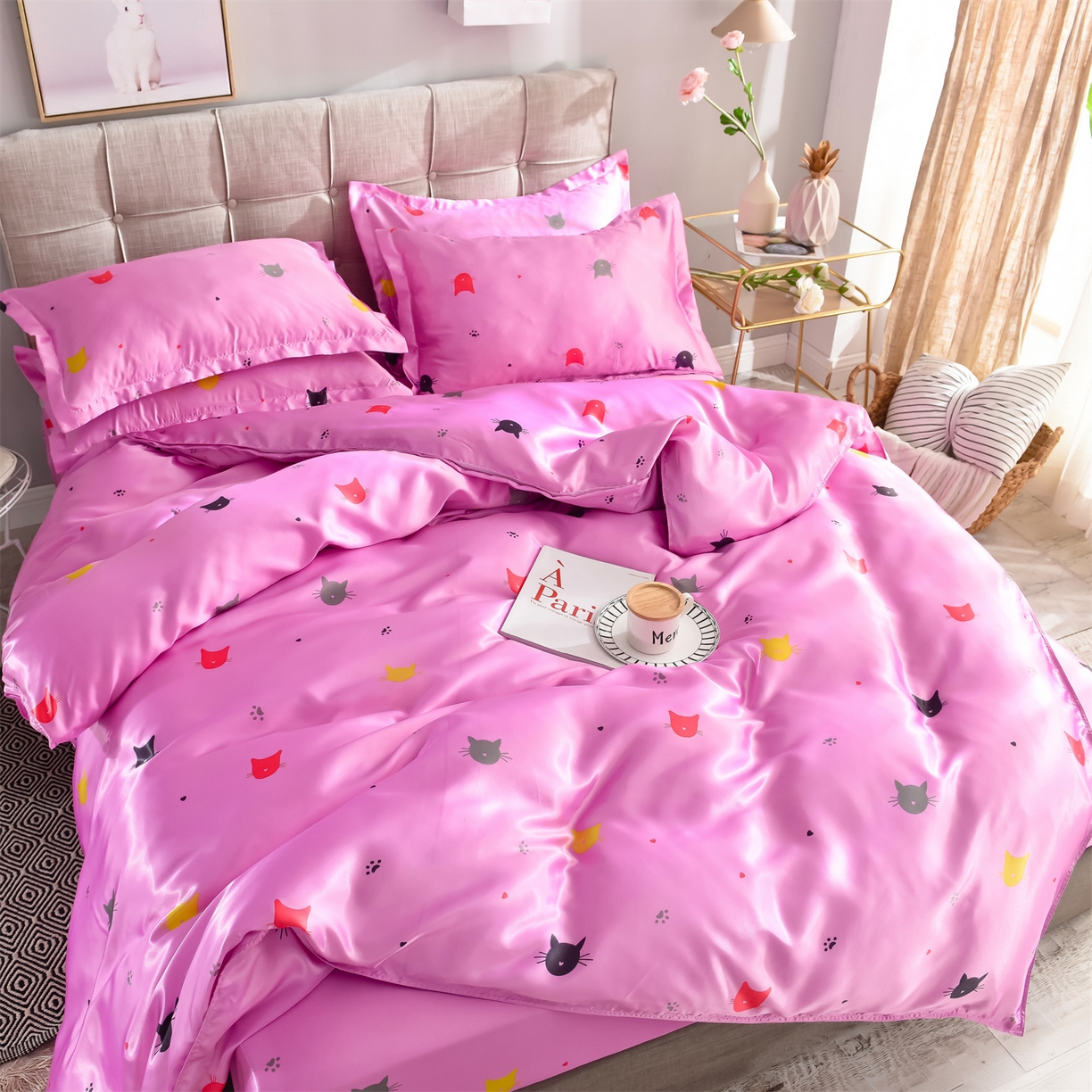 91家纺网 家纺一手货源 找家纺 经年 2026新款印花丝绸冰丝四件套 喵星人