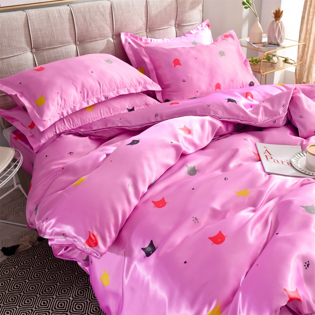 91家纺网 家纺一手货源 找家纺 经年 2026新款印花丝绸冰丝四件套 喵星人