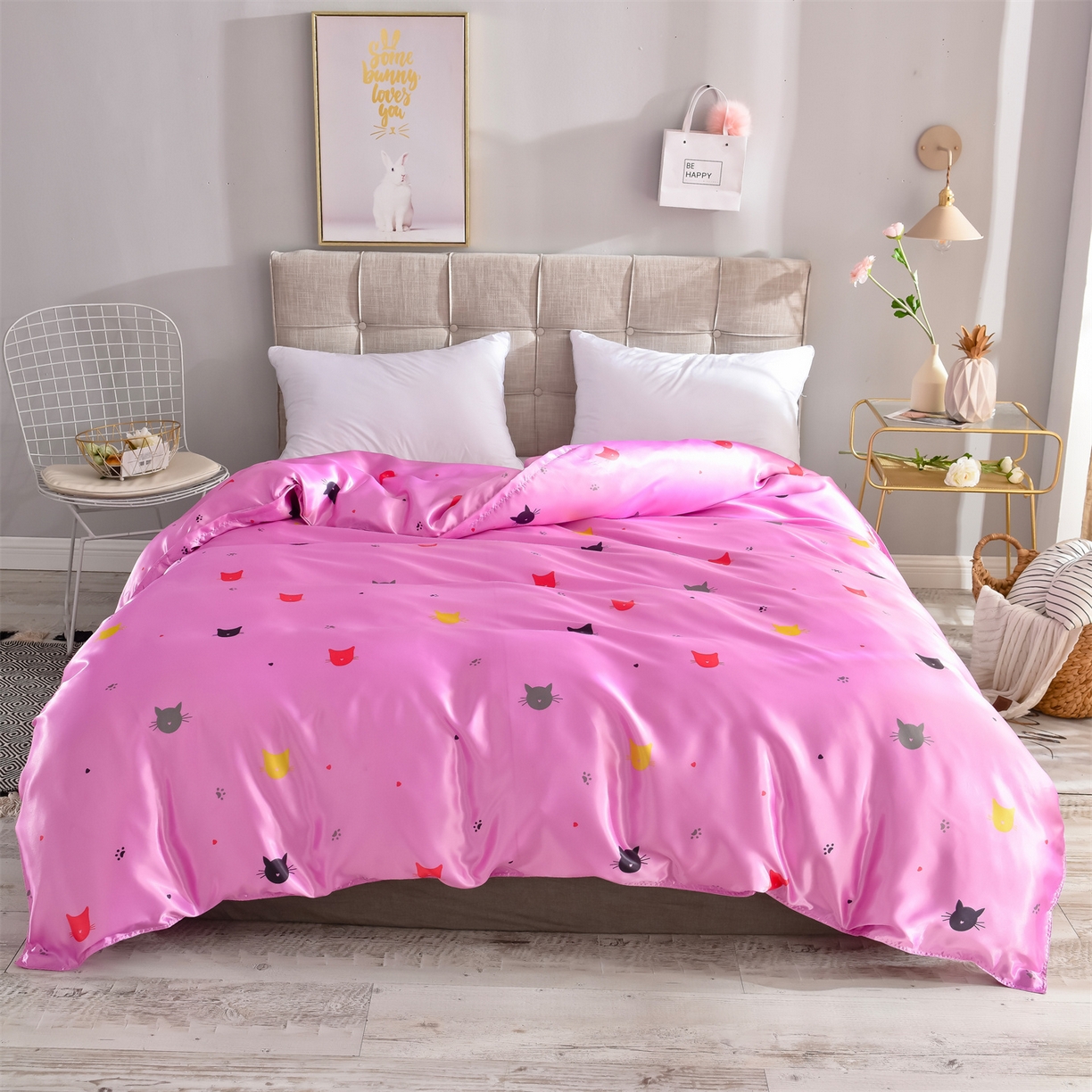 91家纺网 家纺一手货源 找家纺 经年 2026新款印花丝绸冰丝四件套 喵星人