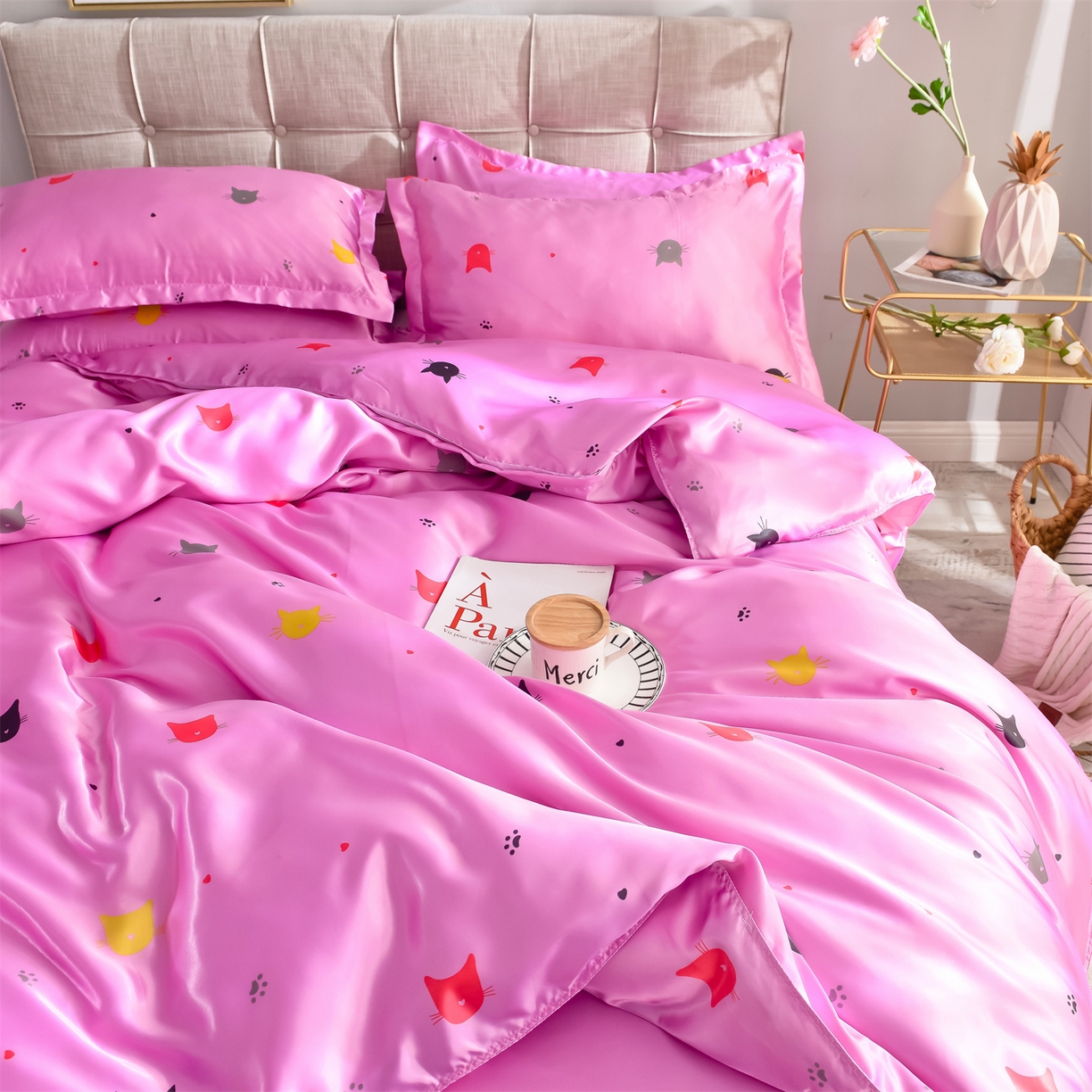 91家纺网 家纺一手货源 找家纺 经年 2026新款印花丝绸冰丝四件套 喵星人