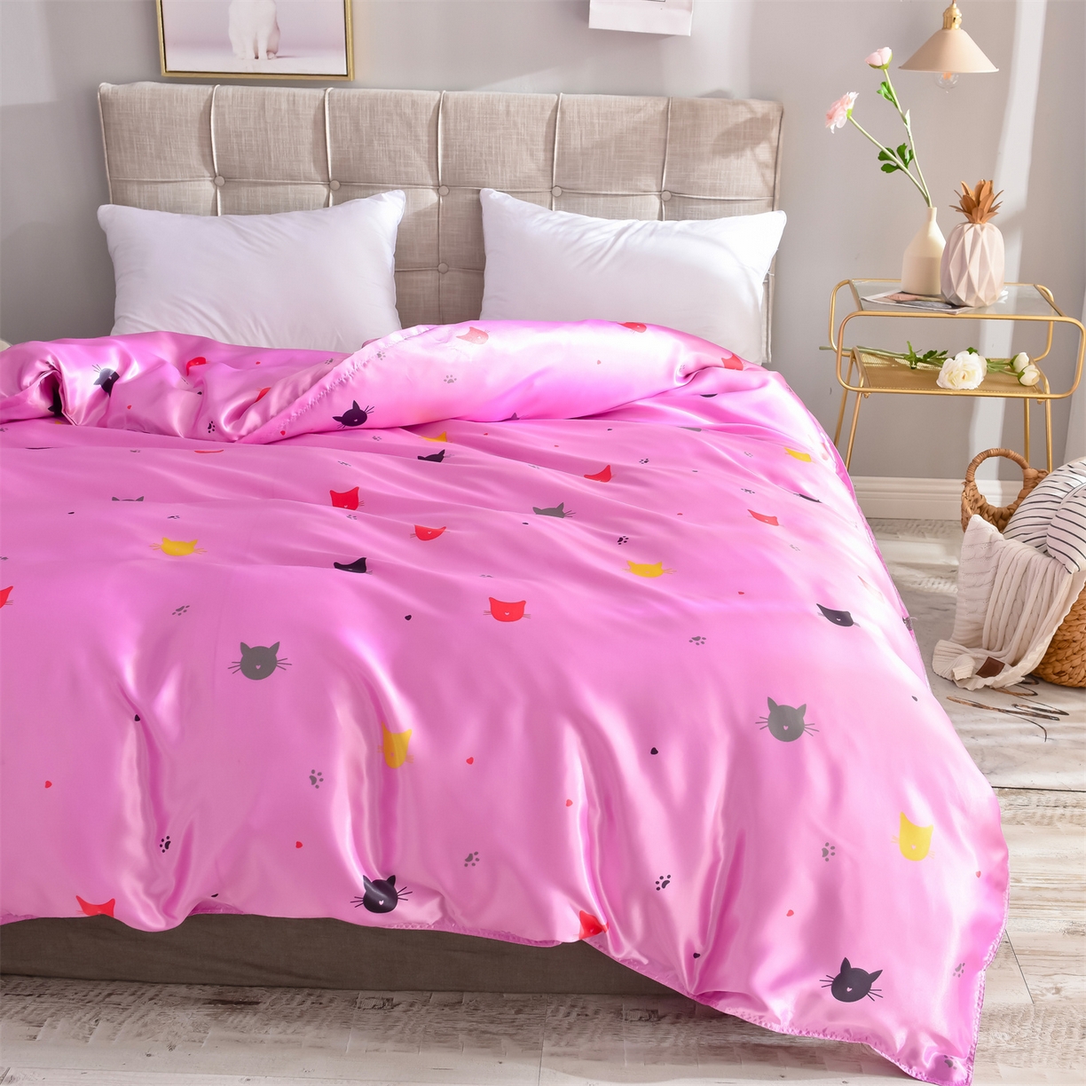 91家纺网 家纺一手货源 找家纺 经年 2026新款印花丝绸冰丝四件套 喵星人