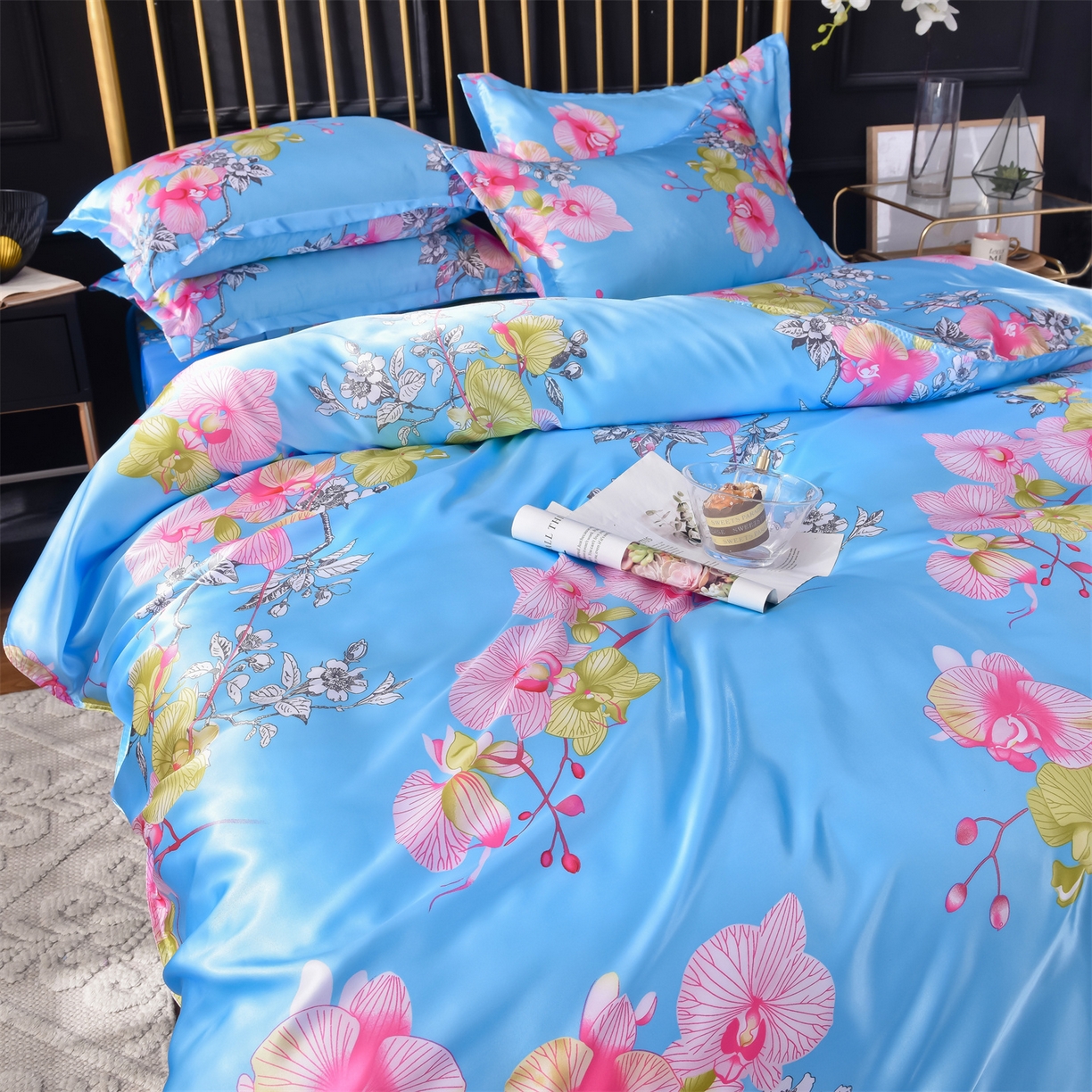 91家纺网 家纺一手货源 找家纺 经年 2026新款印花丝绸冰丝四件套 凝听花意