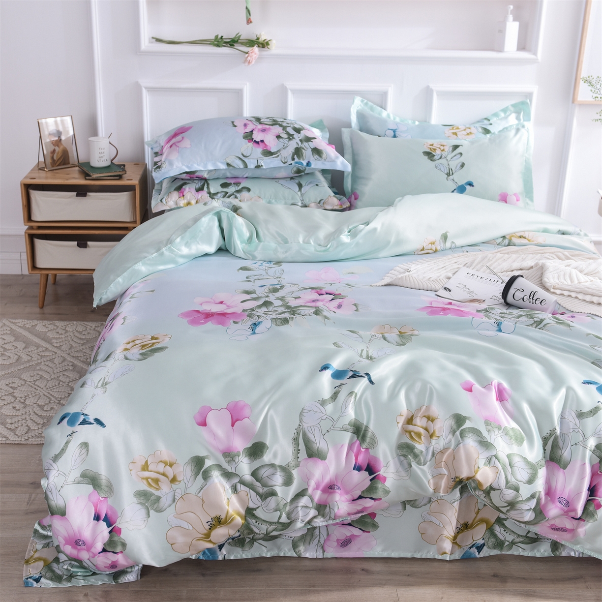 91家纺网 家纺一手货源 找家纺 经年 2026新款印花丝绸冰丝四件套 雀上枝头