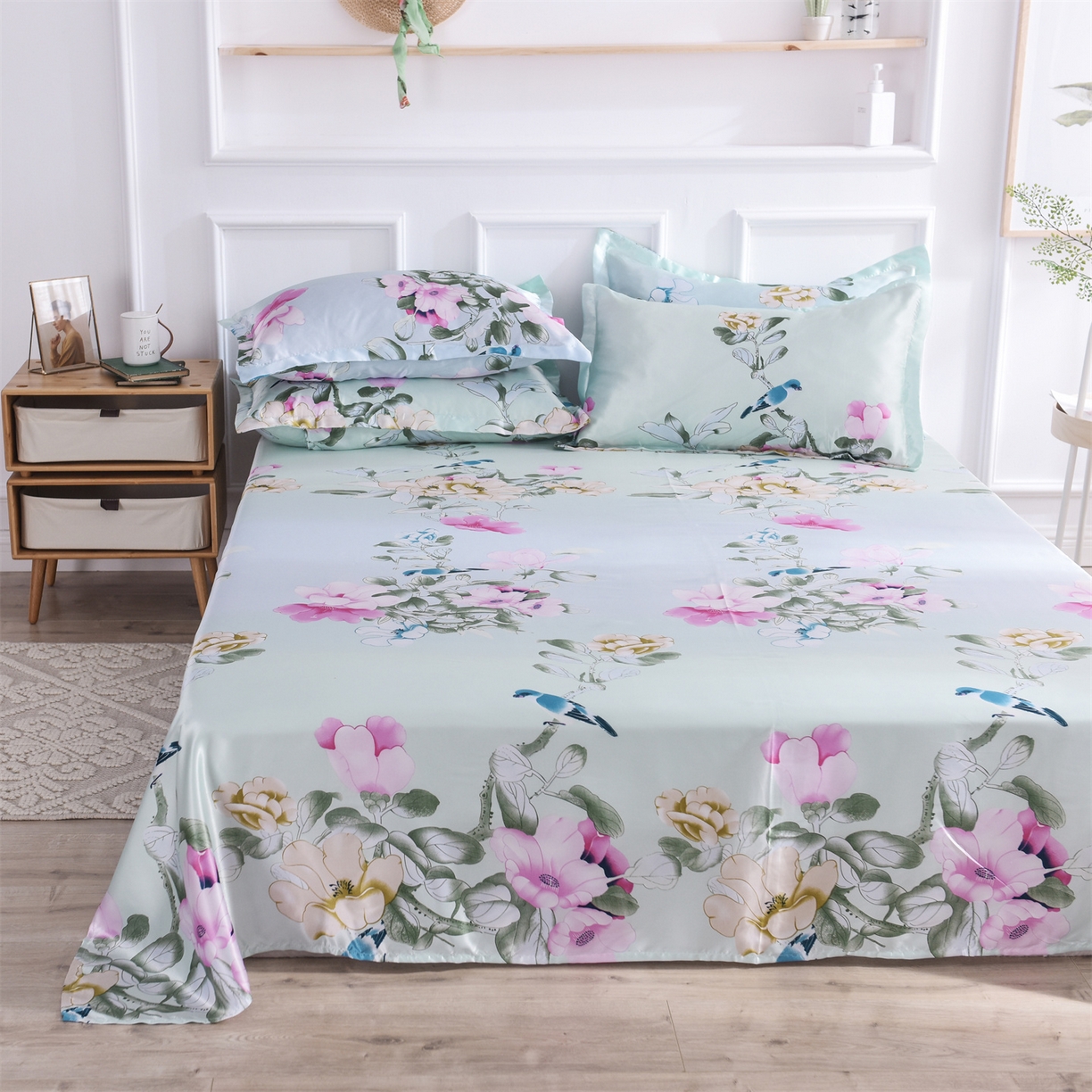 91家纺网 家纺一手货源 找家纺 经年 2026新款印花丝绸冰丝四件套 雀上枝头