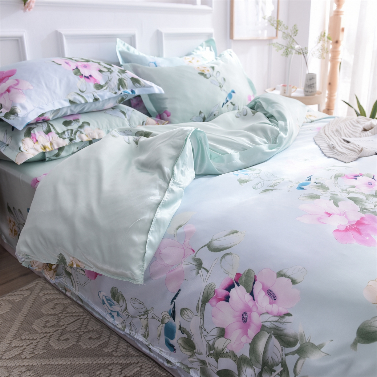 91家纺网 家纺一手货源 找家纺 经年 2026新款印花丝绸冰丝四件套 雀上枝头