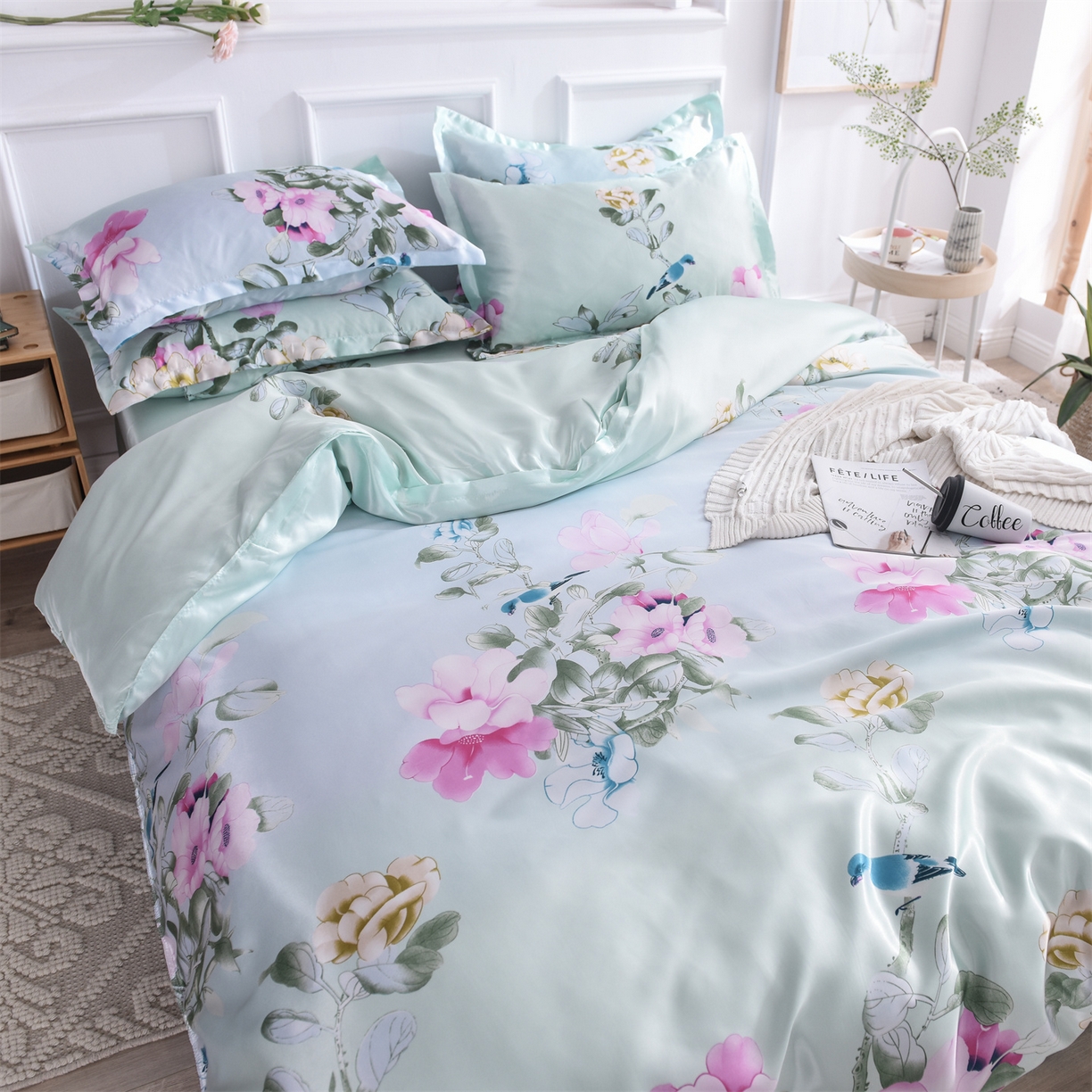 91家纺网 家纺一手货源 找家纺 经年 2026新款印花丝绸冰丝四件套 雀上枝头