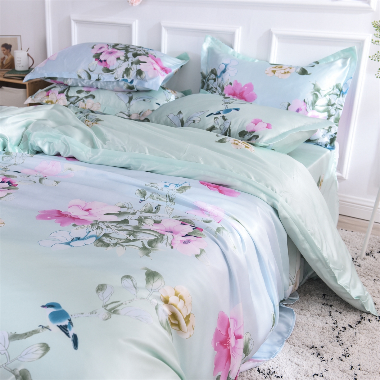 91家纺网 家纺一手货源 找家纺 经年 2026新款印花丝绸冰丝四件套 雀上枝头