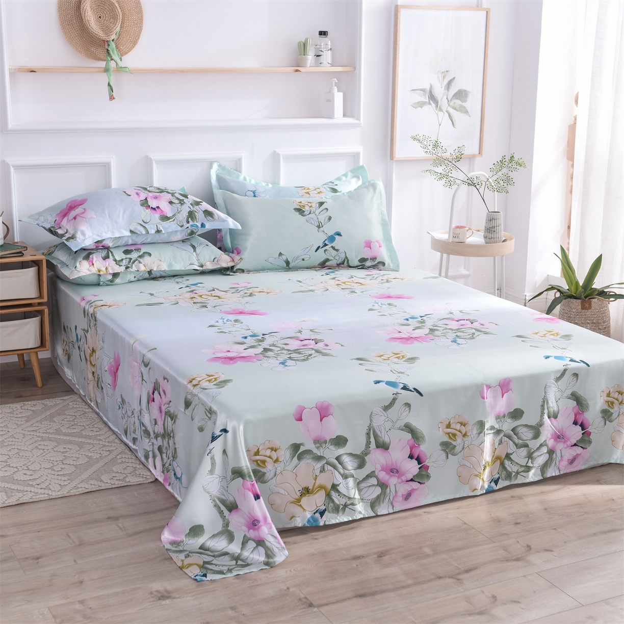 91家纺网 家纺一手货源 找家纺 经年 2026新款印花丝绸冰丝四件套 雀上枝头