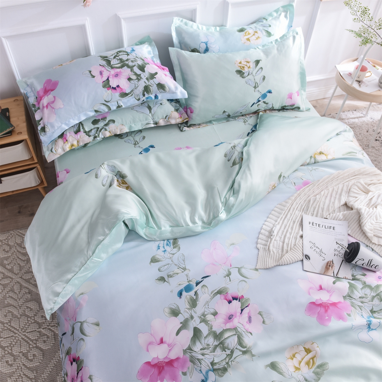 91家纺网 家纺一手货源 找家纺 经年 2026新款印花丝绸冰丝四件套 雀上枝头