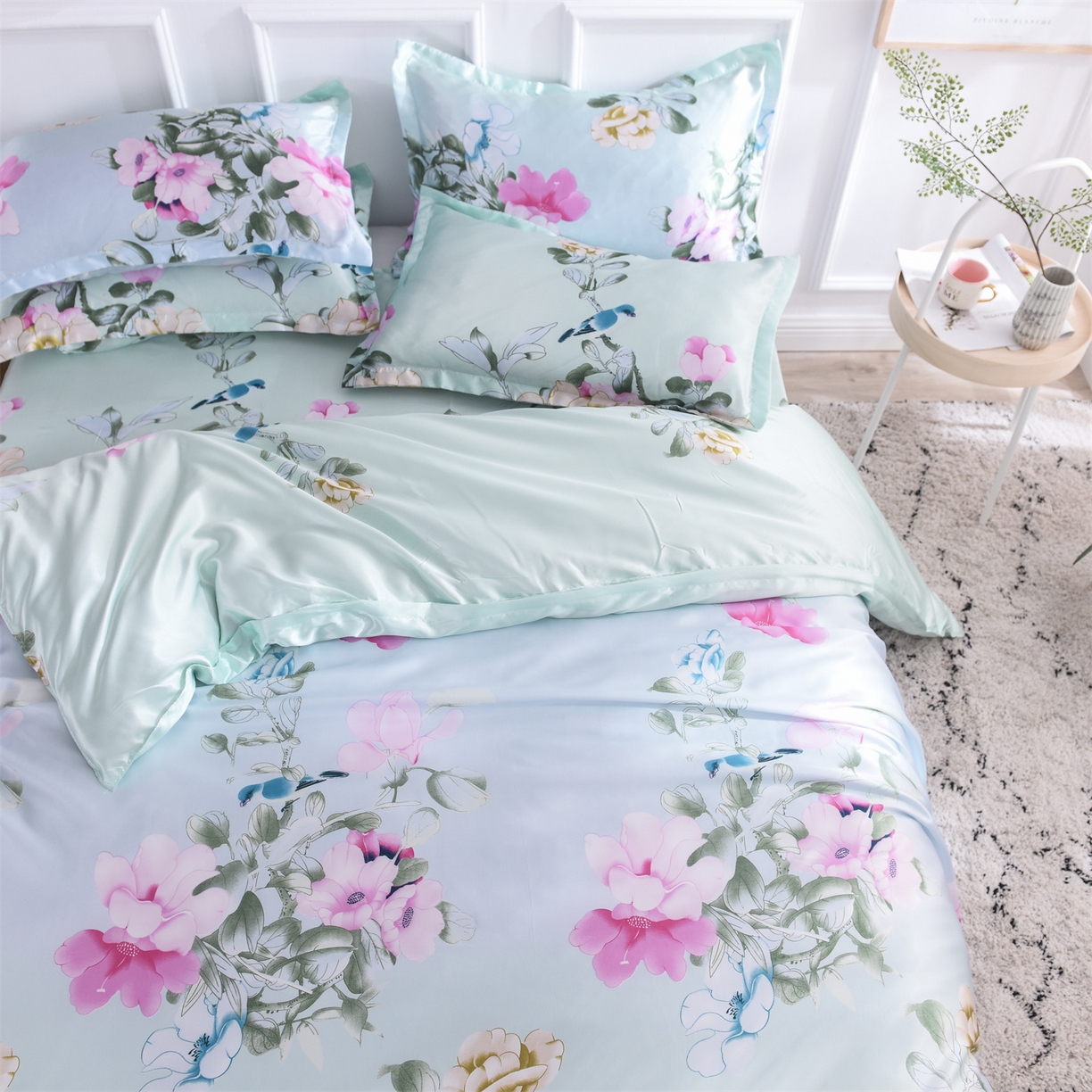 91家纺网 家纺一手货源 找家纺 经年 2026新款印花丝绸冰丝四件套 雀上枝头