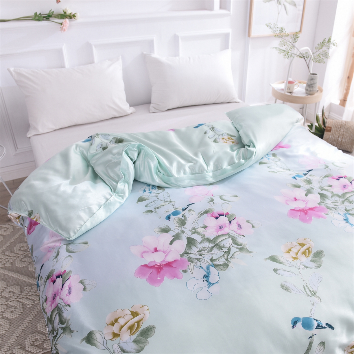 91家纺网 家纺一手货源 找家纺 经年 2026新款印花丝绸冰丝四件套 雀上枝头