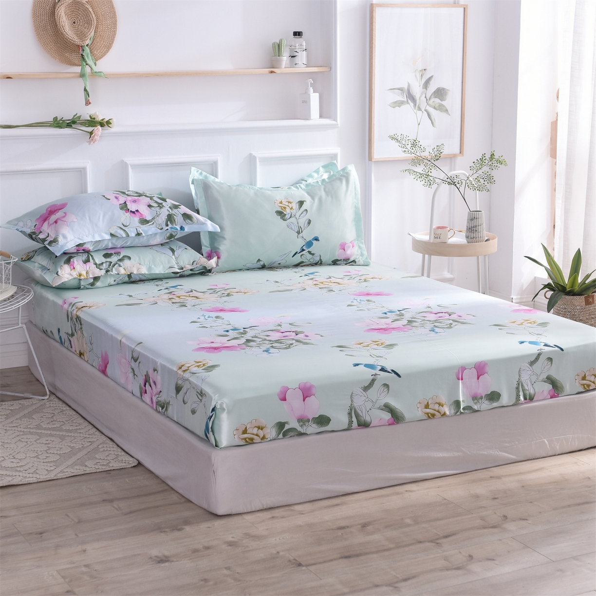 91家纺网 家纺一手货源 找家纺 经年 2026新款印花丝绸冰丝四件套 雀上枝头