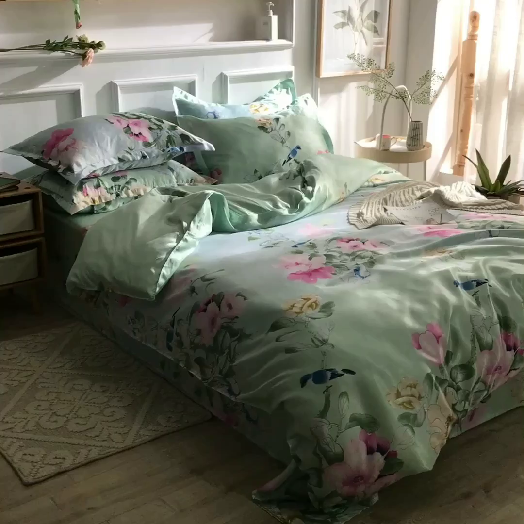 91家纺网 家纺一手货源 找家纺 经年 2026新款印花丝绸冰丝四件套 雀上枝头