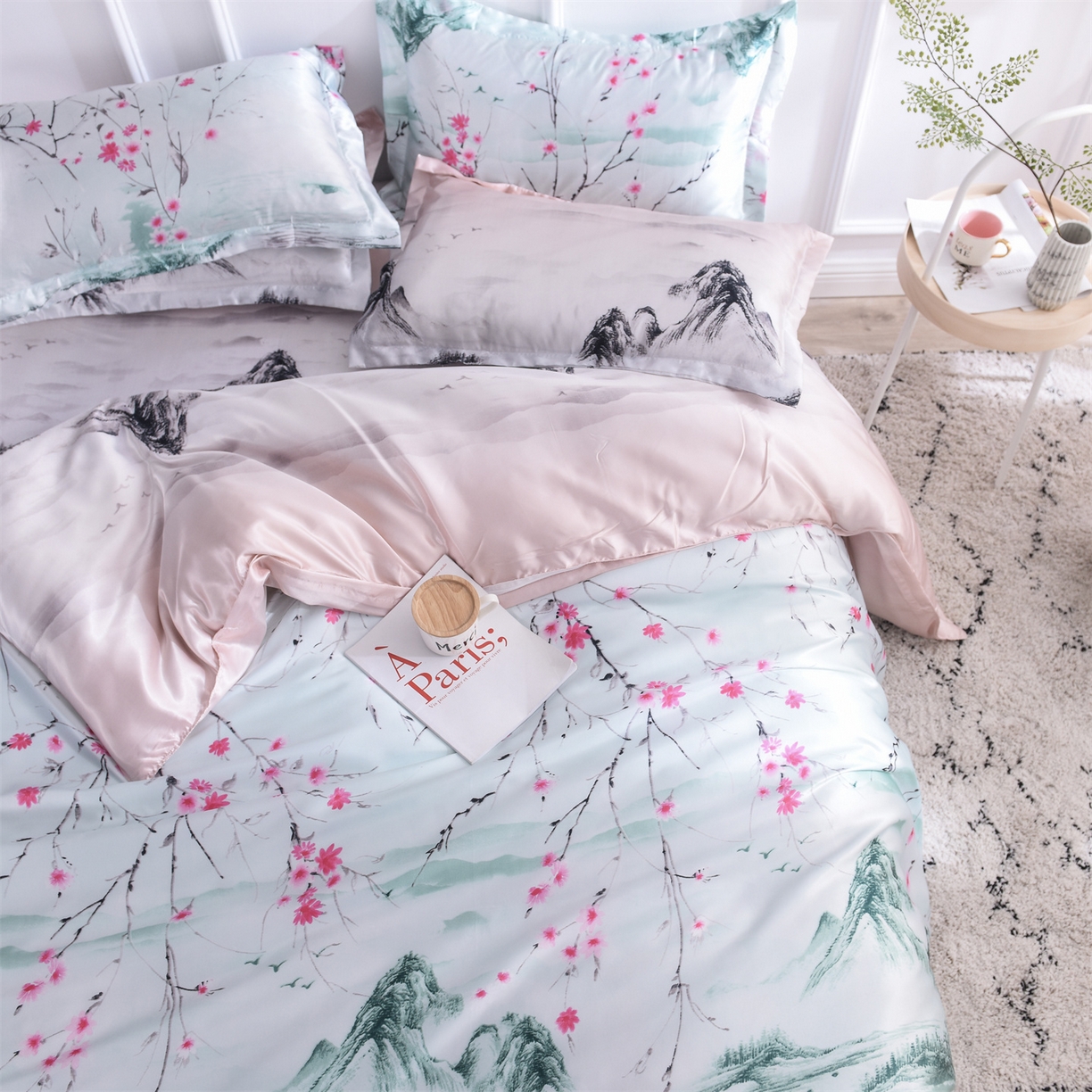 91家纺网 家纺一手货源 找家纺 经年 2026新款印花丝绸冰丝四件套 山水之恋