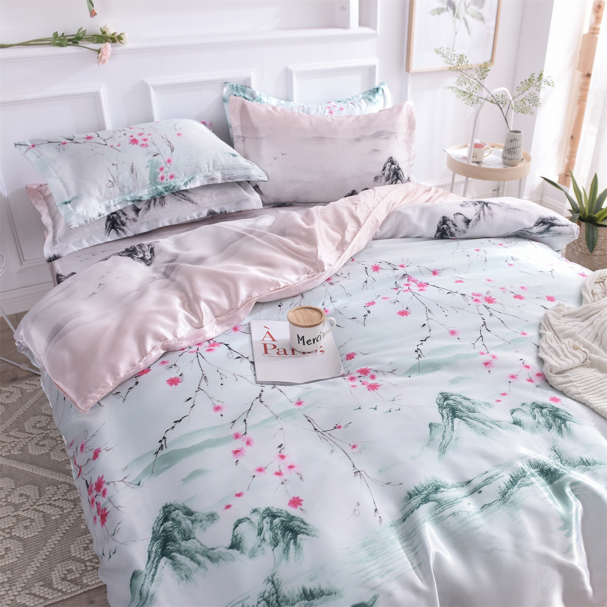 91家纺网 家纺一手货源 找家纺 经年 2026新款印花丝绸冰丝四件套 山水之恋