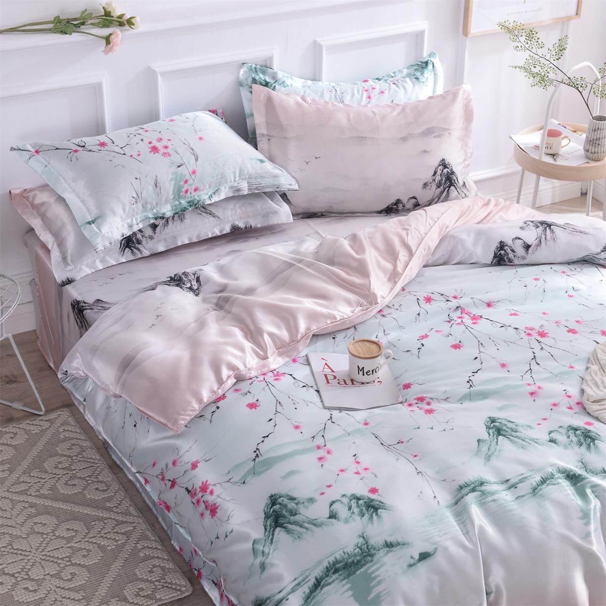 91家纺网 家纺一手货源 找家纺 经年 2026新款印花丝绸冰丝四件套 山水之恋