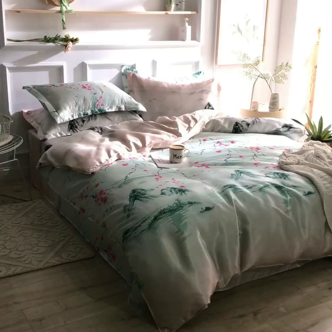 91家纺网 家纺一手货源 找家纺 经年 2026新款印花丝绸冰丝四件套 山水之恋