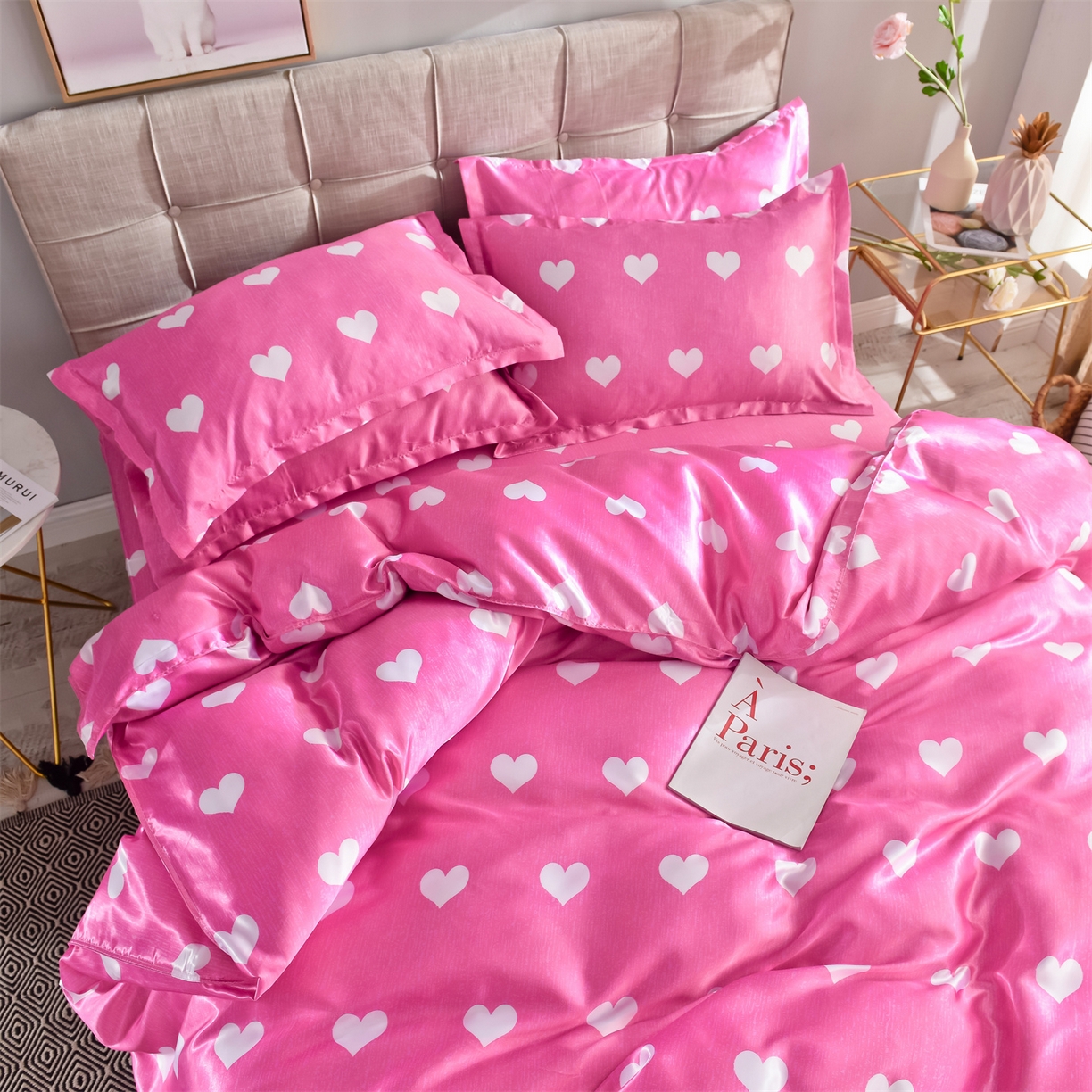 91家纺网 家纺一手货源 找家纺 经年 2026新款印花丝绸冰丝四件套 心纹心语