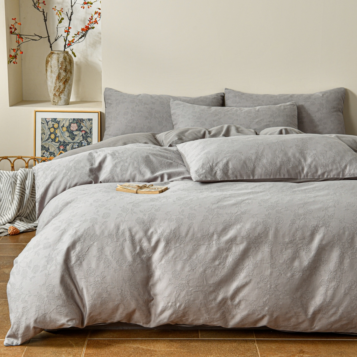 91家纺网 家纺一手货源 找家纺 （总）菡宝 2026春夏新款全棉纯棉色织提花四件套-中古玫瑰