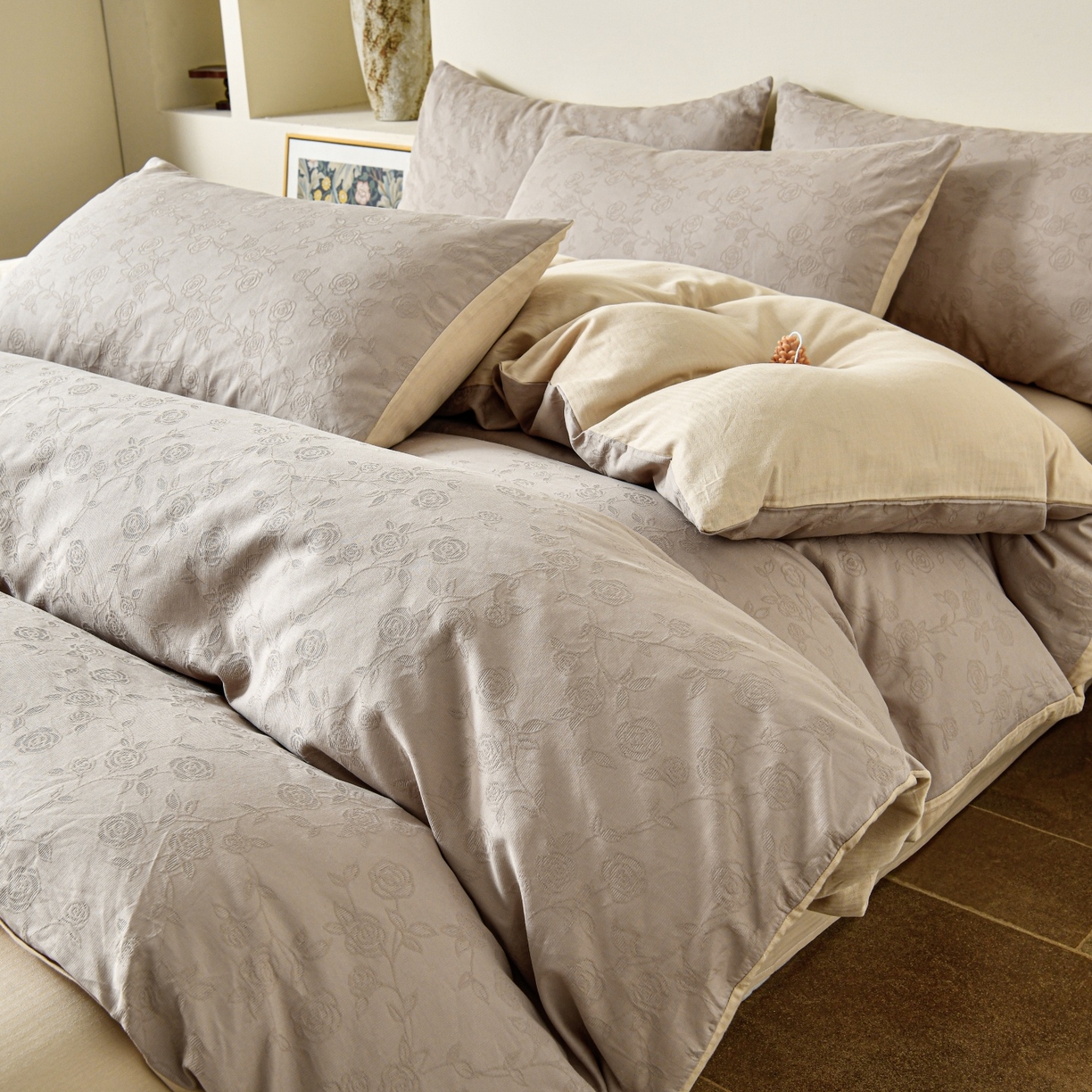 91家纺网 家纺一手货源 找家纺 （总）菡宝 2026春夏新款全棉纯棉色织提花四件套-中古玫瑰