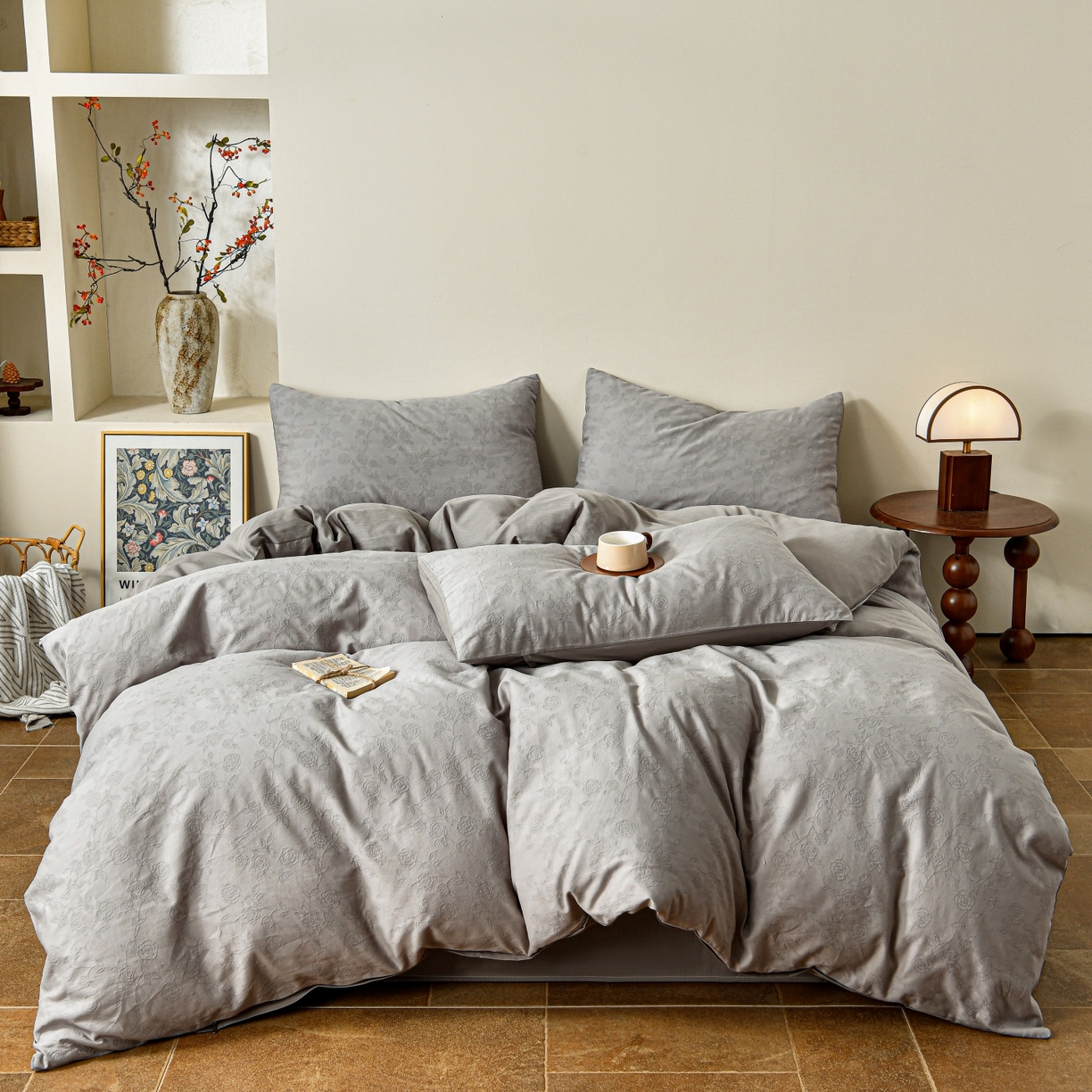 91家纺网 家纺一手货源 找家纺 菡宝 2026春夏新款全棉纯棉色织提花四件套-中古玫瑰 中古玫瑰 浅灰