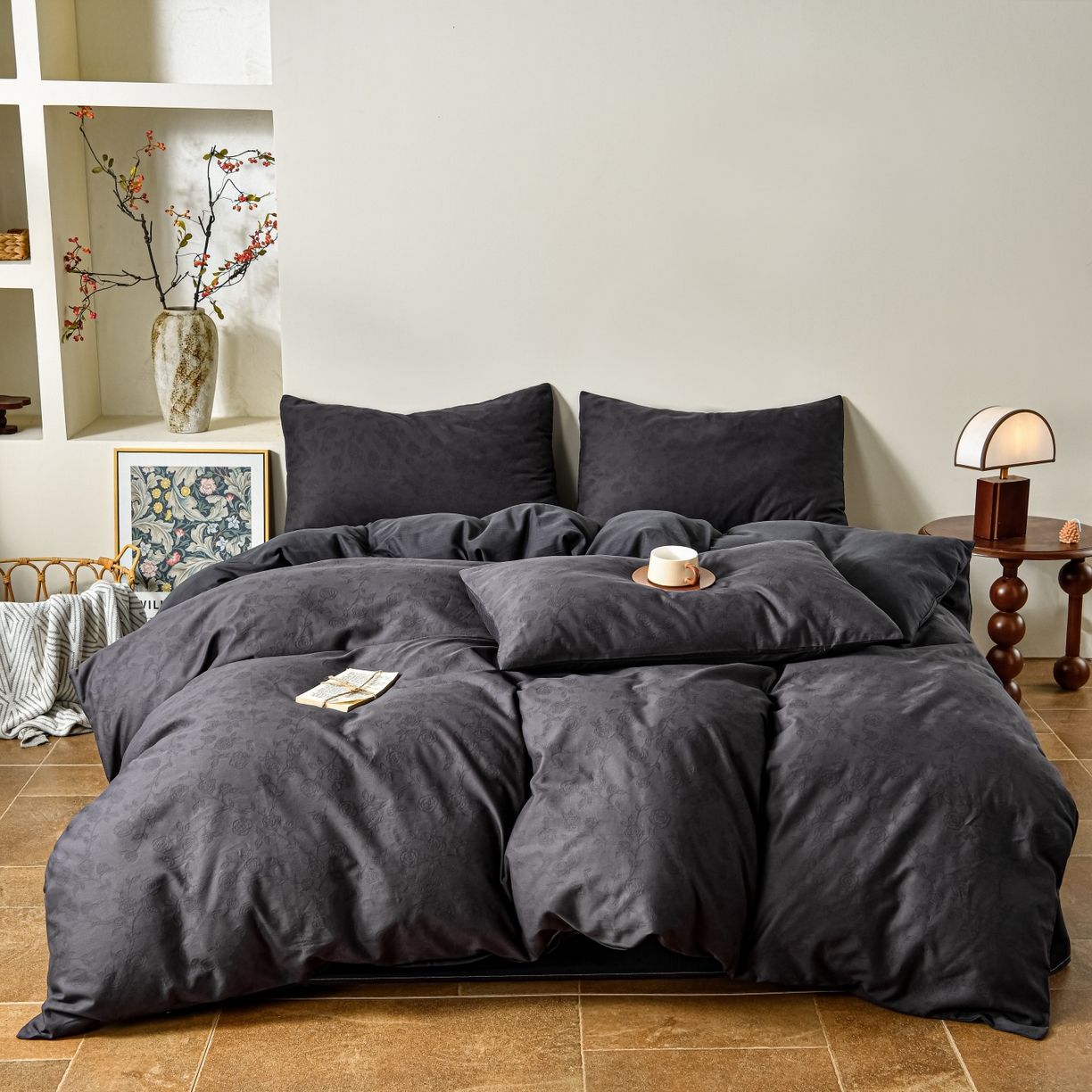 91家纺网 家纺一手货源 找家纺 菡宝 2026春夏新款全棉纯棉色织提花四件套-中古玫瑰 中古玫瑰 深灰