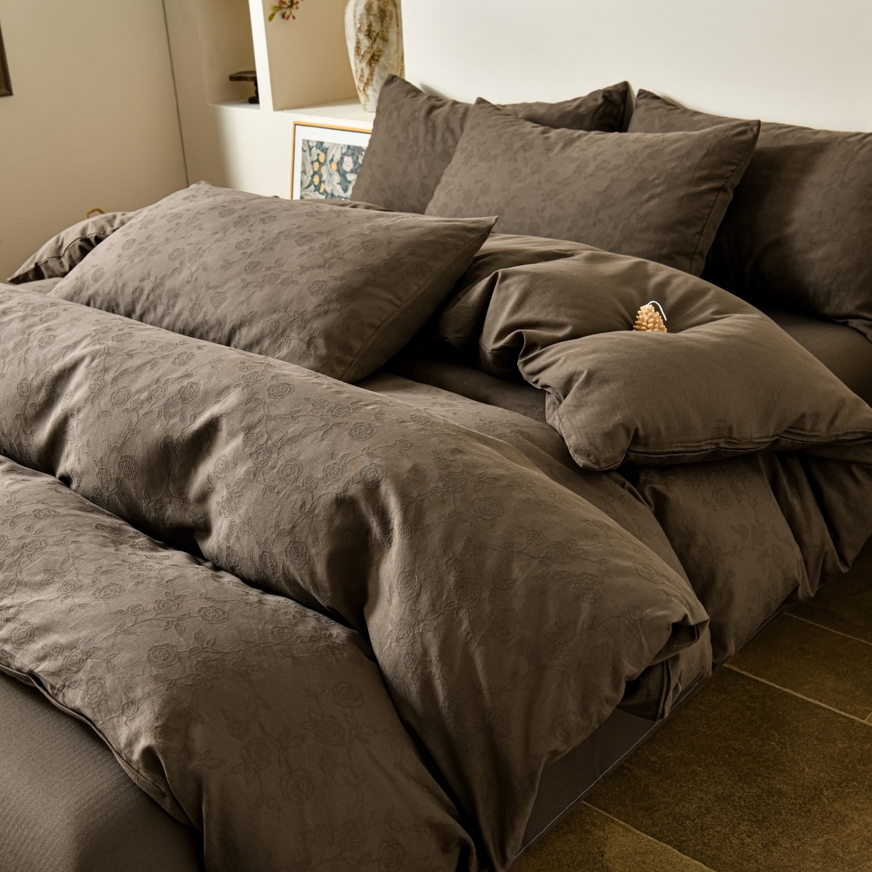 菡宝 2026春夏新款全棉纯棉色织提花四件套-中古玫瑰 中古玫瑰 深咖