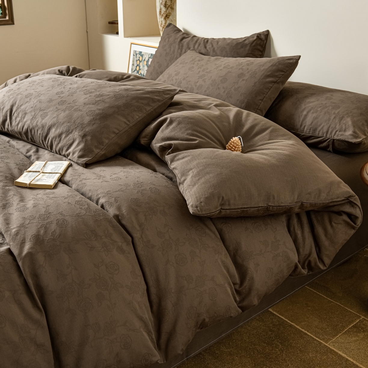 91家纺网 家纺一手货源 找家纺 菡宝 2026春夏新款全棉纯棉色织提花四件套-中古玫瑰 中古玫瑰 深咖