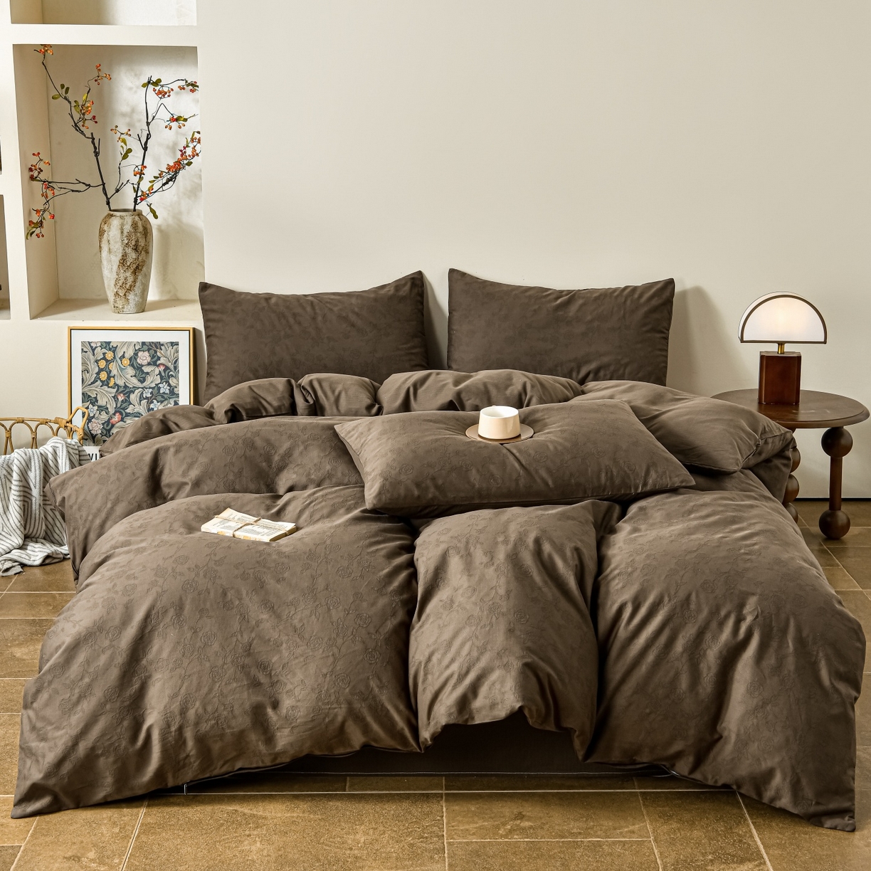 91家纺网 家纺一手货源 找家纺 菡宝 2026春夏新款全棉纯棉色织提花四件套-中古玫瑰 中古玫瑰 深咖