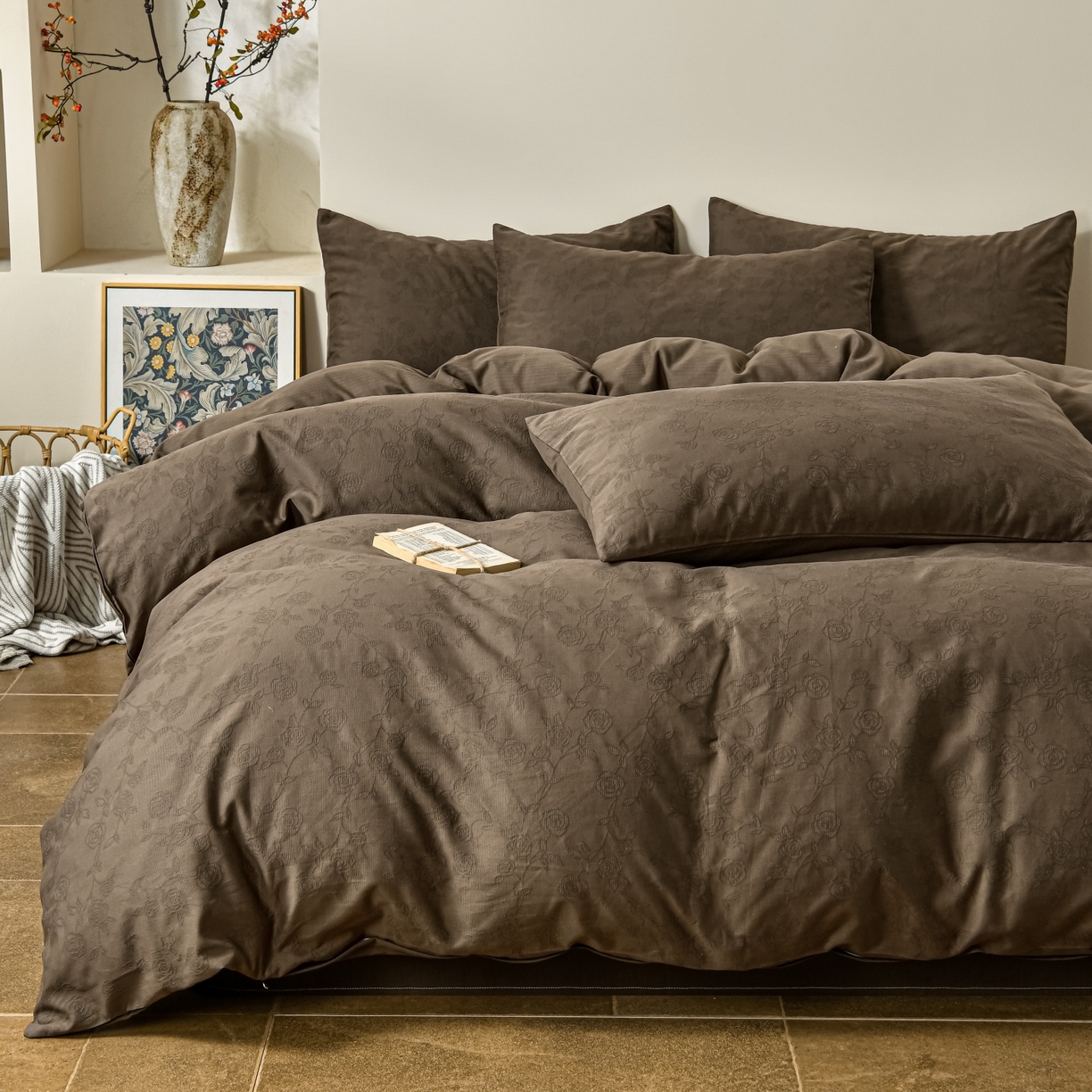 91家纺网 家纺一手货源 找家纺 菡宝 2026春夏新款全棉纯棉色织提花四件套-中古玫瑰 中古玫瑰 深咖