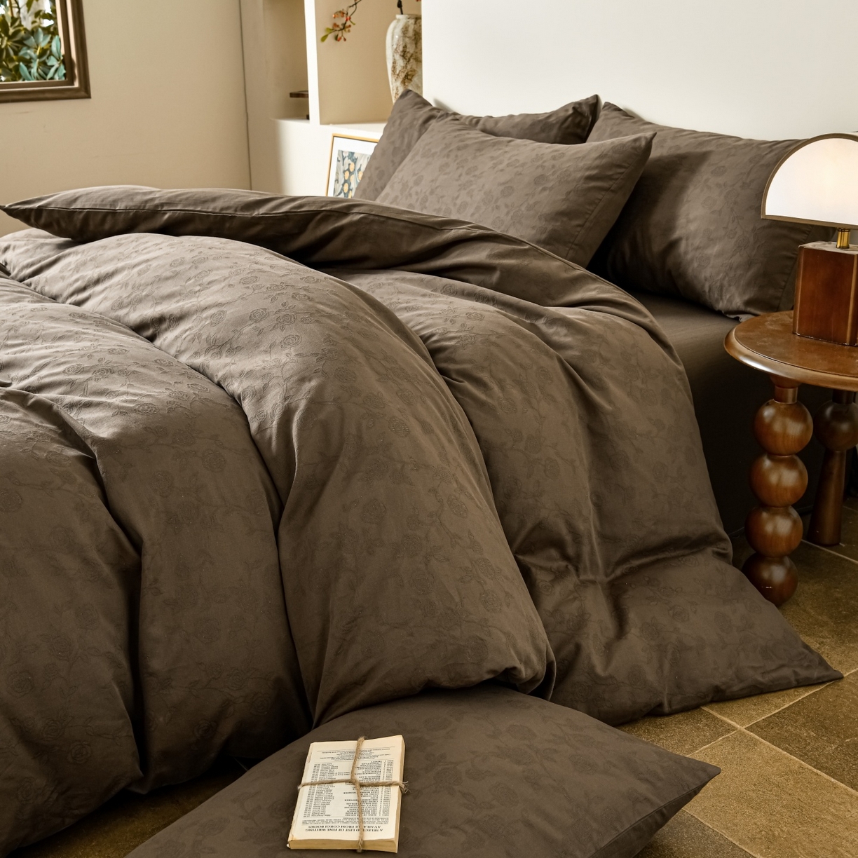 91家纺网 家纺一手货源 找家纺 菡宝 2026春夏新款全棉纯棉色织提花四件套-中古玫瑰 中古玫瑰 深咖