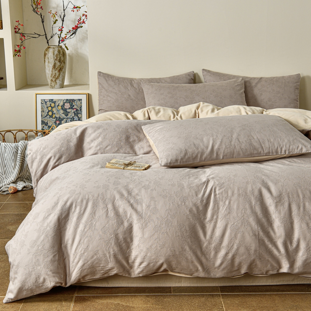 91家纺网 家纺一手货源 找家纺 菡宝 2026春夏新款全棉纯棉色织提花四件套-中古玫瑰 中古玫瑰 杏