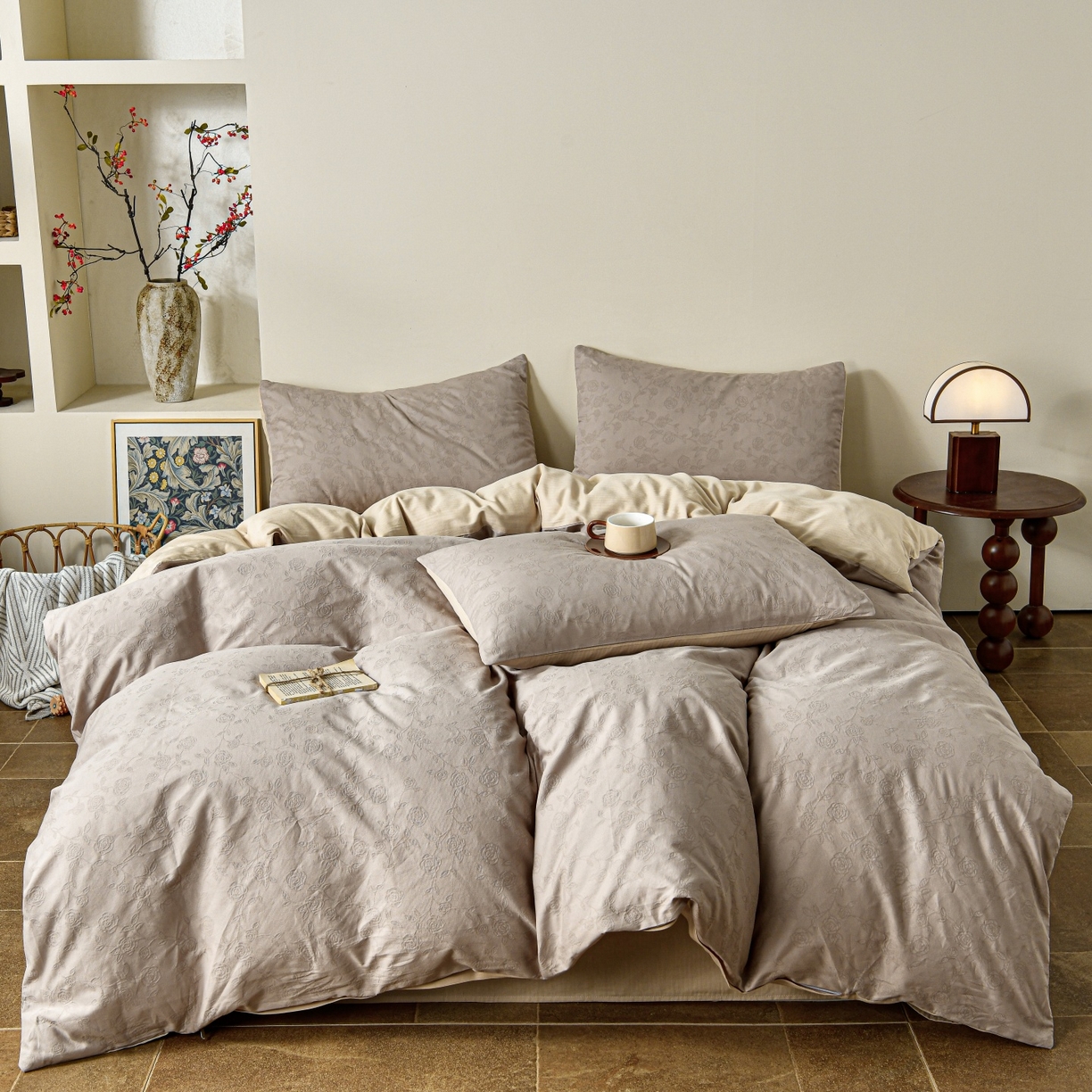 91家纺网 家纺一手货源 找家纺 菡宝 2026春夏新款全棉纯棉色织提花四件套-中古玫瑰 中古玫瑰 杏