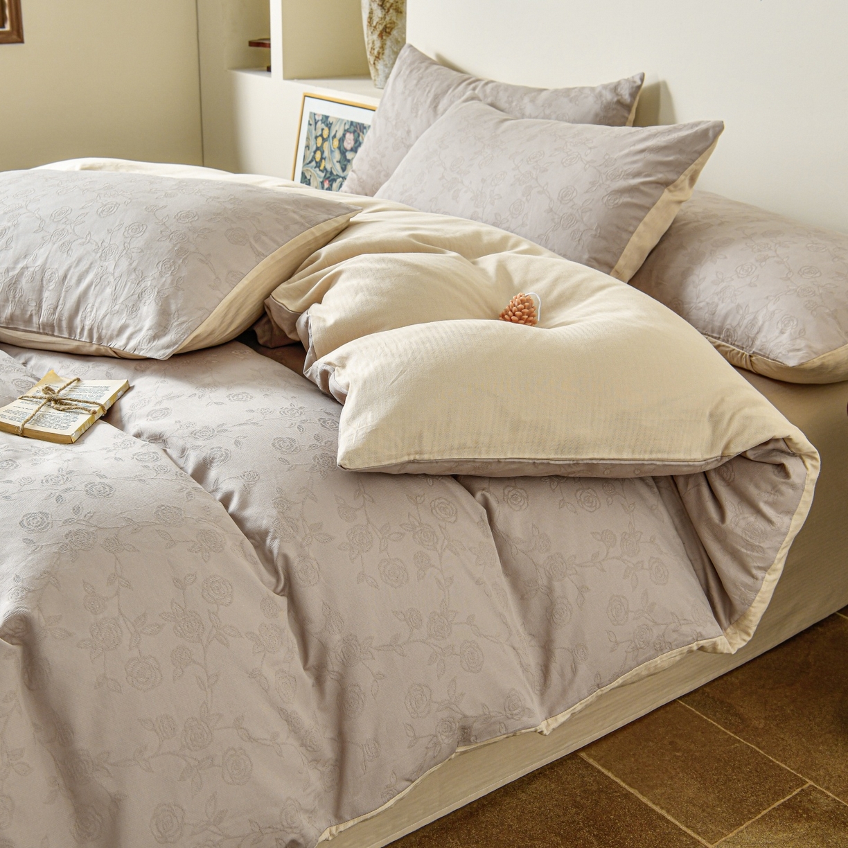 91家纺网 家纺一手货源 找家纺 菡宝 2026春夏新款全棉纯棉色织提花四件套-中古玫瑰 中古玫瑰 杏