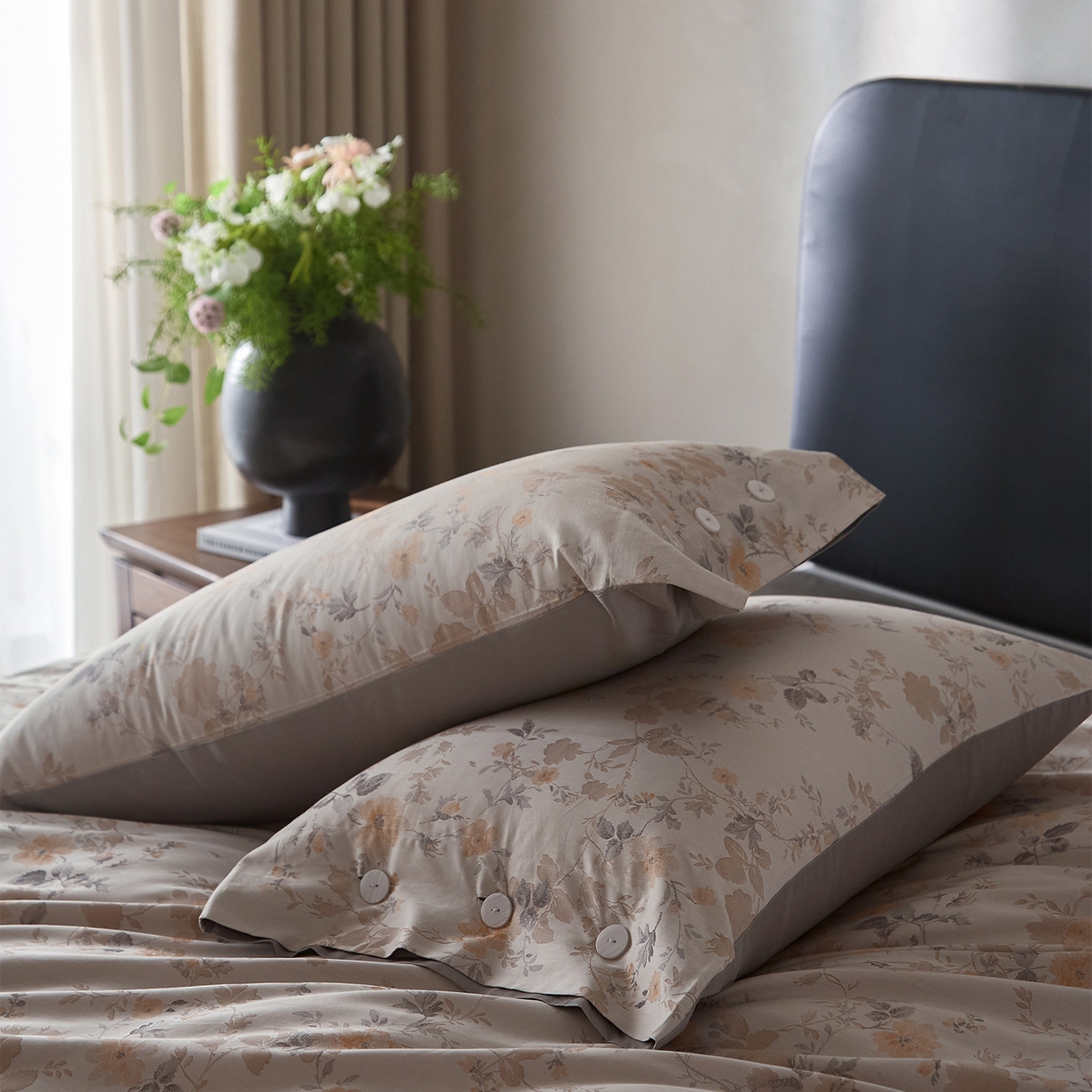 91家纺网 家纺一手货源 找家纺 ONE TWO ONE 121 2026新款100s50支长绒棉全棉床上用品色织提花四件套纽扣款-梦谷花园风格一 梦谷花园-蜜橙