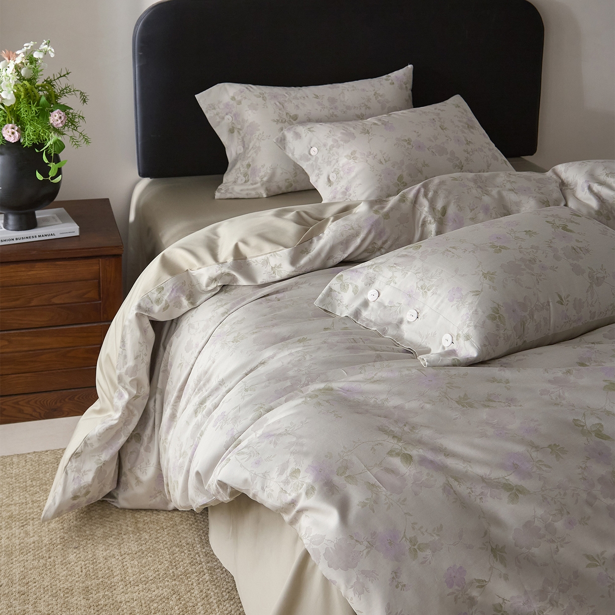 91家纺网 家纺一手货源 找家纺 ONE TWO ONE 121 2026新款100s50支长绒棉全棉床上用品色织提花四件套纽扣款-梦谷花园风格一 梦谷花园-青绿