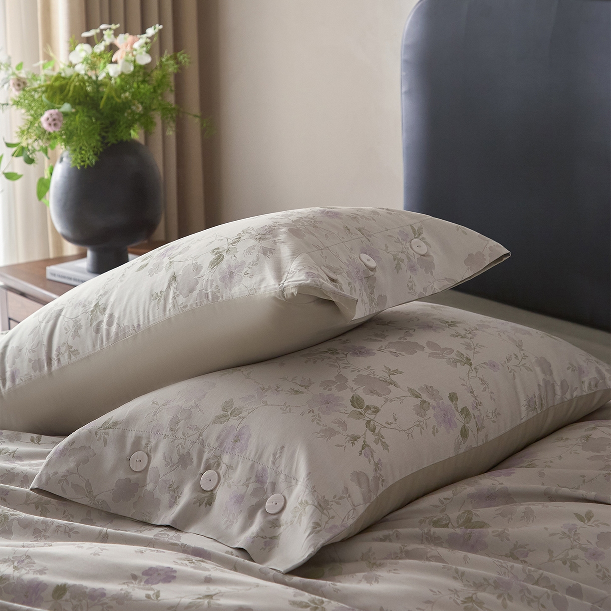 91家纺网 家纺一手货源 找家纺 ONE TWO ONE 121 2026新款100s50支长绒棉全棉床上用品色织提花四件套纽扣款-梦谷花园风格一 梦谷花园-青绿