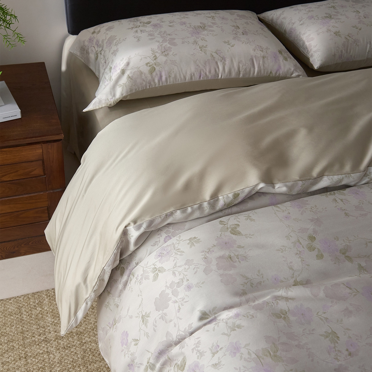 91家纺网 家纺一手货源 找家纺 ONE TWO ONE 121 2026新款100s50支长绒棉全棉床上用品色织提花四件套纽扣款-梦谷花园风格一 梦谷花园-青绿