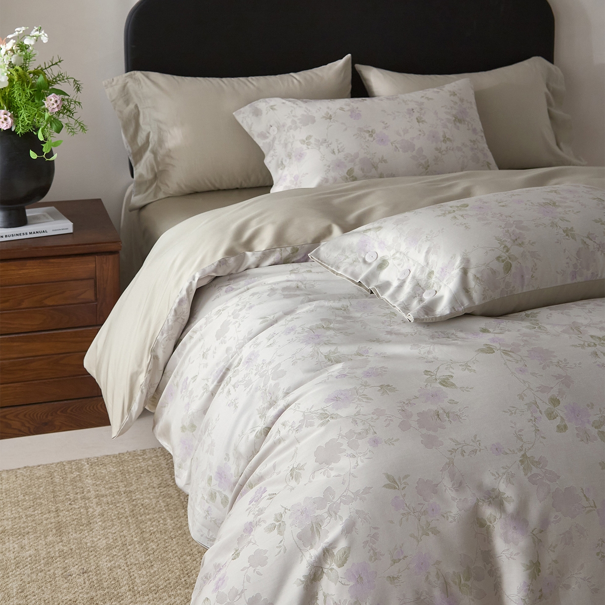 91家纺网 家纺一手货源 找家纺 ONE TWO ONE 121 2026新款100s50支长绒棉全棉床上用品色织提花四件套纽扣款-梦谷花园风格一 梦谷花园-青绿