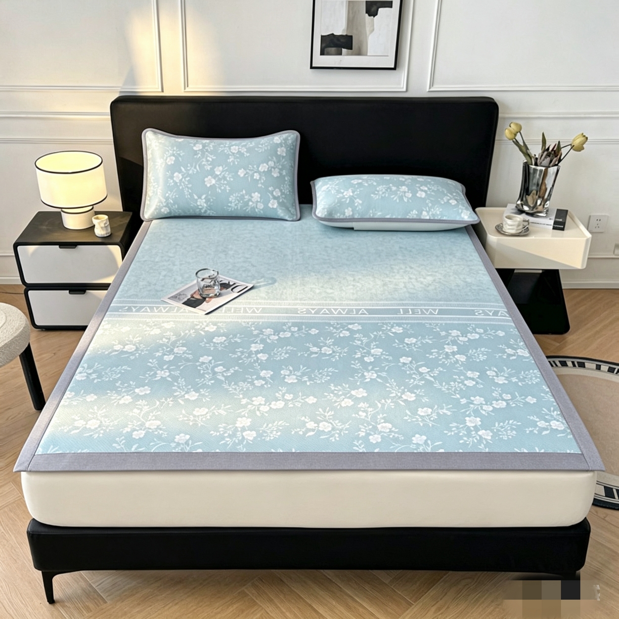 可恩欣 2026新款冰丝提花软床笠单品床笠床笠单件平席 阑珊-蓝-平席款