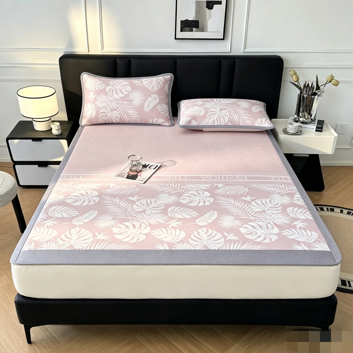 可恩欣 2026新款冰丝提花软床笠单品床笠床笠单件平席 轻叶-粉-平席款