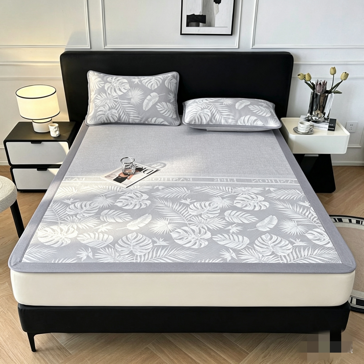 可恩欣 2026新款冰丝提花软床笠单品床笠床笠单件平席 轻叶-灰-平席款