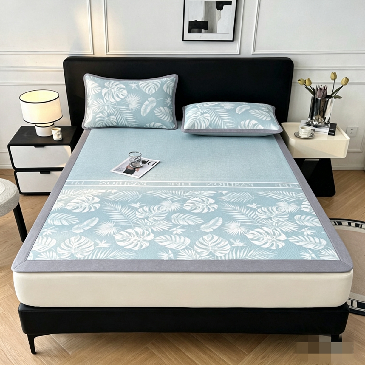 可恩欣 2026新款冰丝提花软床笠单品床笠床笠单件平席 轻叶-蓝-平席款