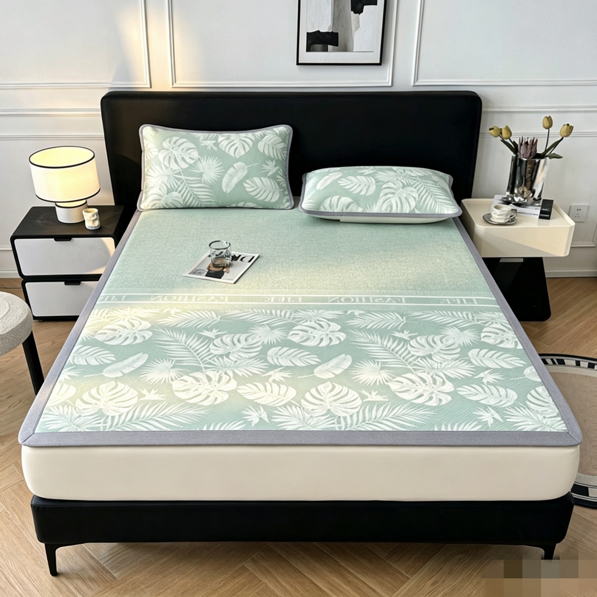 可恩欣 2026新款冰丝提花软床笠单品床笠床笠单件平席 轻叶-绿-平席款