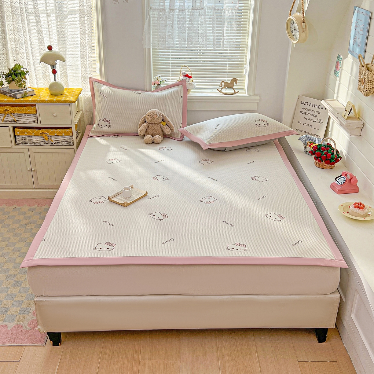 91家纺网 家纺一手货源 找家纺 十里居 2026春夏新款A类凉感PE卡通提花凉席席子空调软席 粉色KT